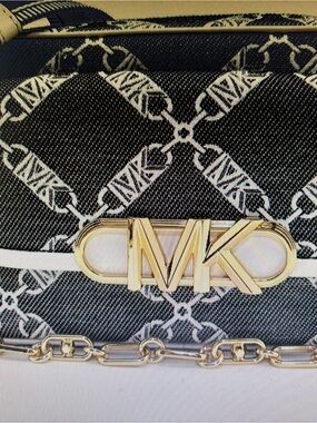 Michael Kors Black & White Logo Crossbody with Gold-Tone MK Plaque